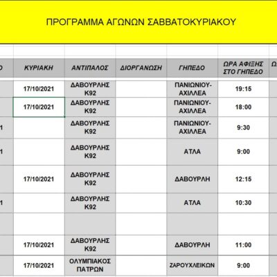 ΠΡΟΓΡΑΜΜΑ ΑΓΩΝΩΝ 16-17/10/2021